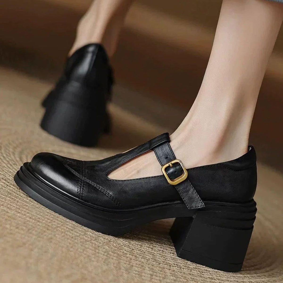 VIVIAN leren T-strap pumps met blokhak voor dames, vooraanzicht