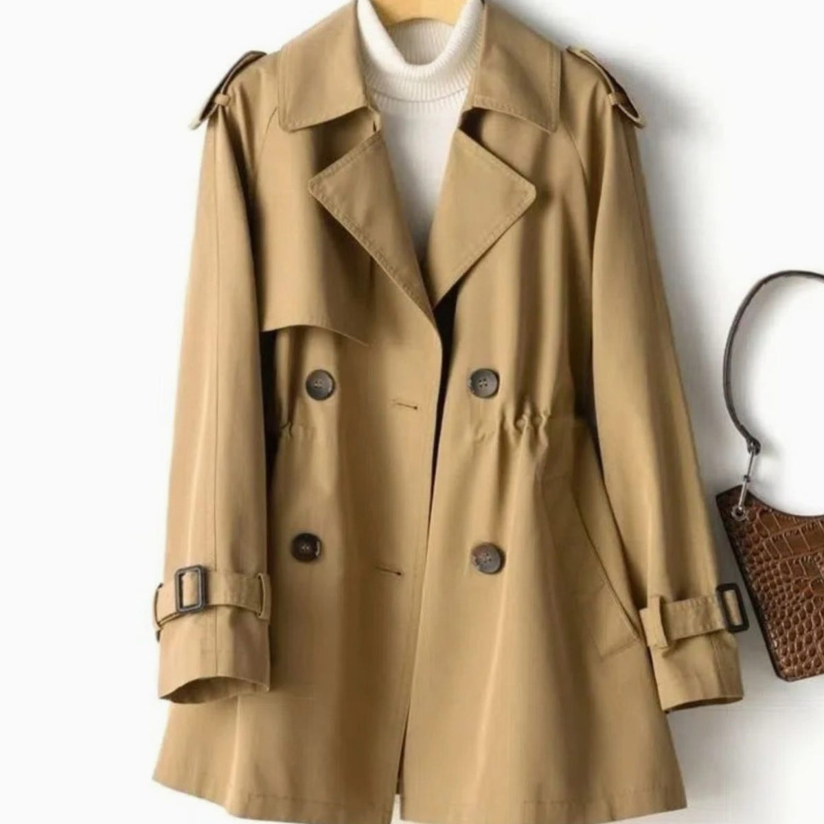 Achteraanzicht van de getailleerde dubbelrijse trenchcoat VIVIENNE