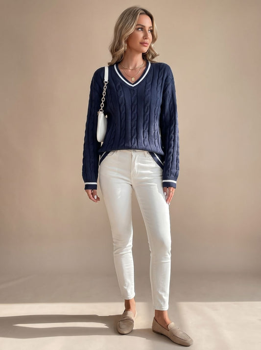 WENNA gebreide V-hals trui met kabelpatroon in marineblauw voor dames