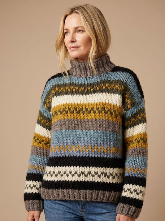Dames coltrui met gestreept patroon in blauw, oker, wit en zwart