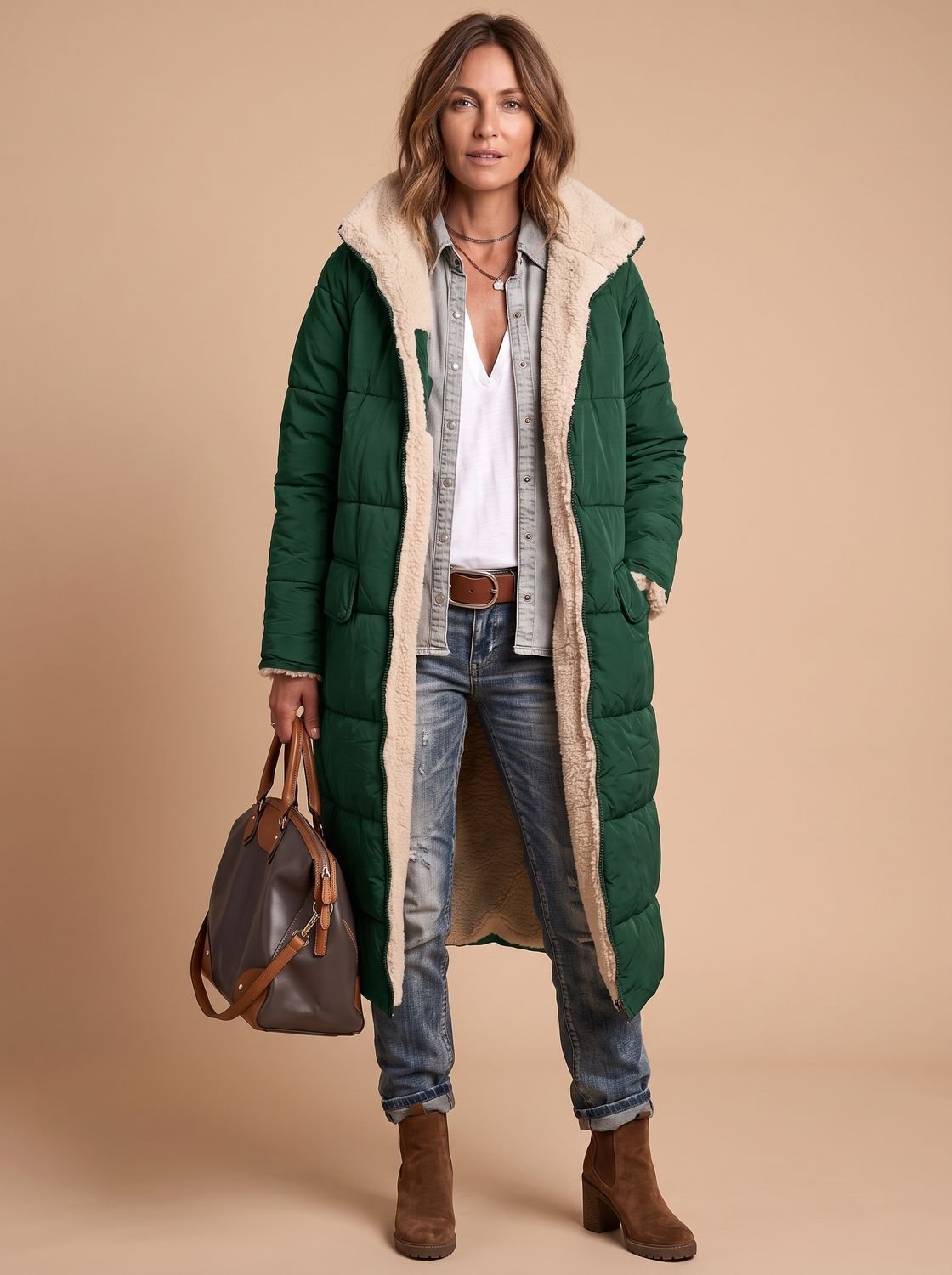 Achteraanzicht van de lange winterjas met elegante pasvorm