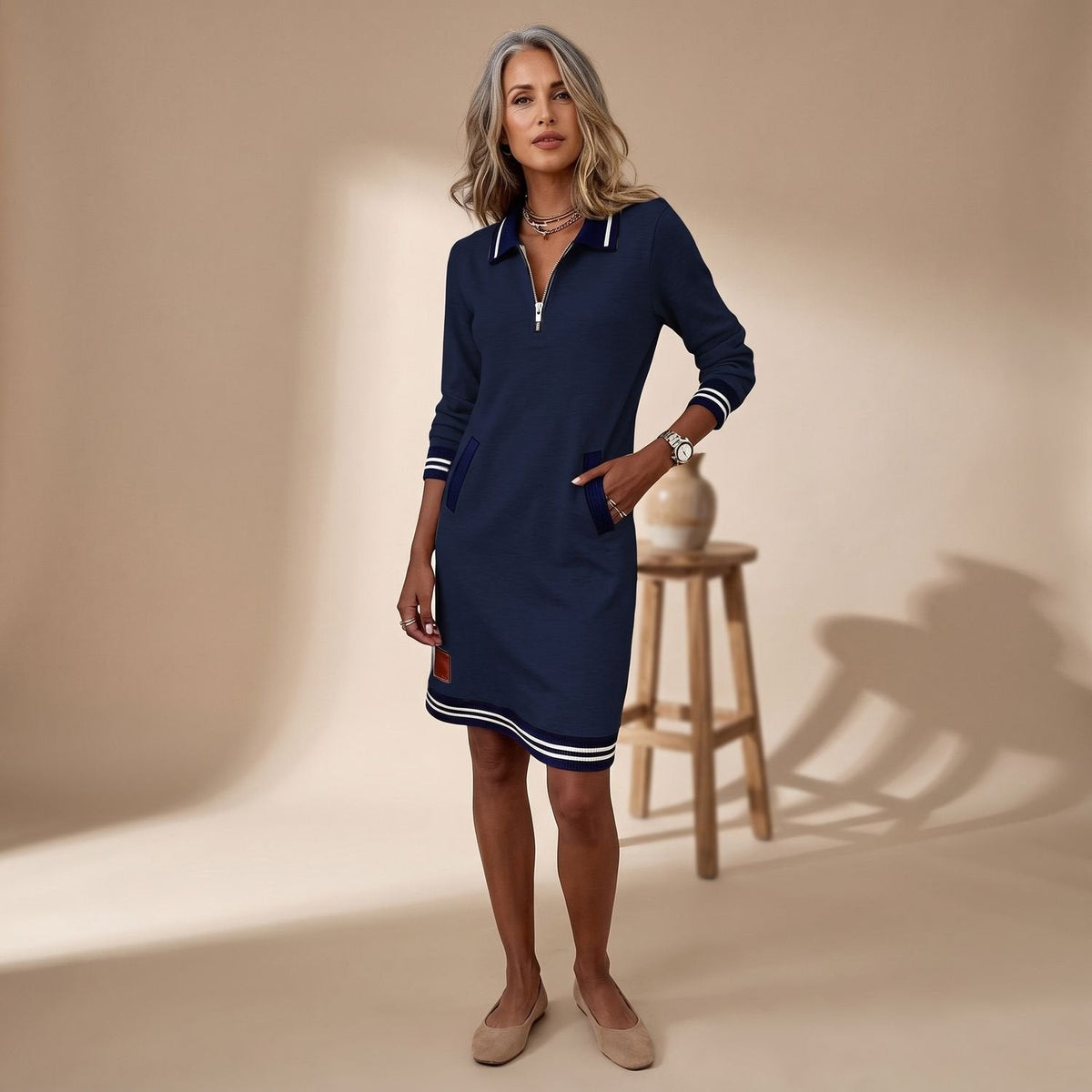 ZINORA sportief-chic midi-jurk voor dames met ritskraag en lange mouwen